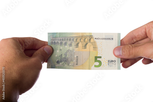 man holding euro bills on white background