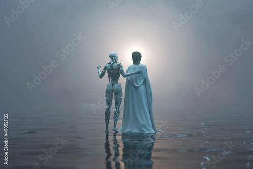 Slika na platnu Jesus and robot walking on water