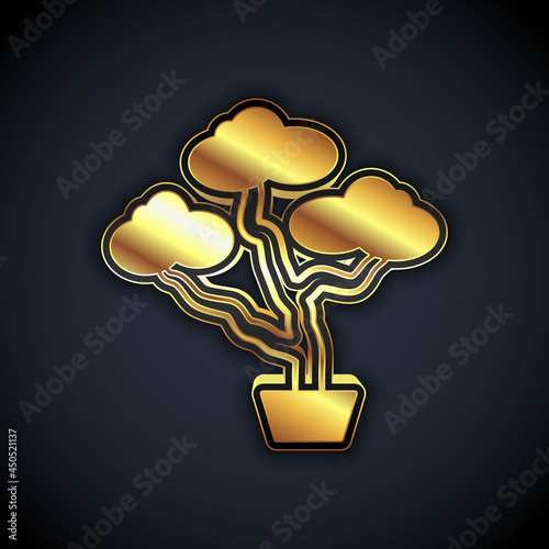 Gold Japanese bonsai tree icon isolated on black background. Japanese culture, horticulture, olericulture hobby concept. Vector