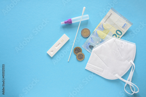 Costs for health care and safety during coronavirus pandemic, covid-19 rapid test, medical ffp2 face mask, and some euro money on a blue background, copy space, high angle view from above