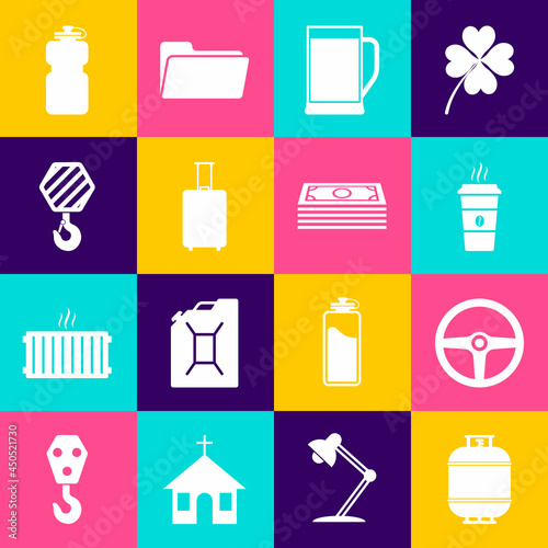 Set Propane gas tank, Steering wheel, Coffee cup, Glass beer, Travel suitcase and Industrial hook icon. Vector