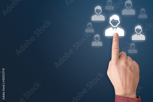 Human Resources, Crm, resources recruitment. HR management Recruitment Employment Headhunting Concept. Businessman hand choosing people icon as human resources concept. copy space