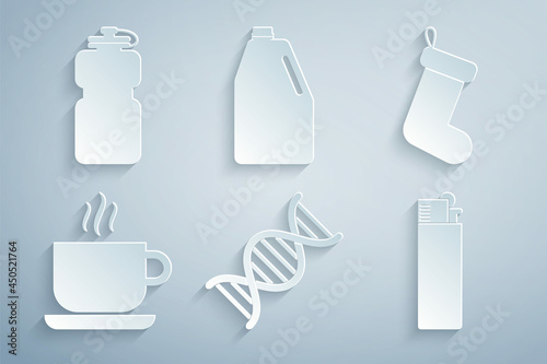 Set DNA symbol  Christmas sock  Coffee cup  Lighter  Household chemicals bottle and Sport with water icon. Vector