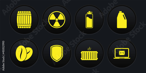 Set Coffee beans, Household chemicals bottle, Shield, Heating radiator, Sport with water and Radioactive icon. Vector