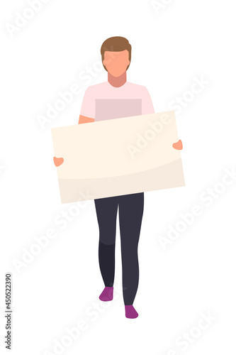 Young man with poster semi flat color vector character. Standing figure. Full body person on white. Male protester isolated modern cartoon style illustration for graphic design and animation
