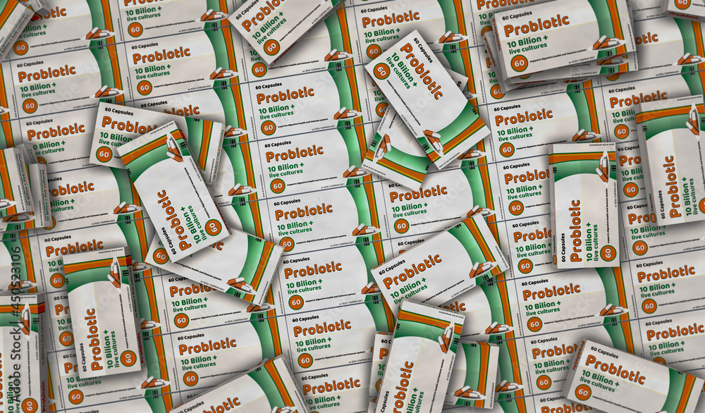 Probiotic medicine box pack production 3d illustration