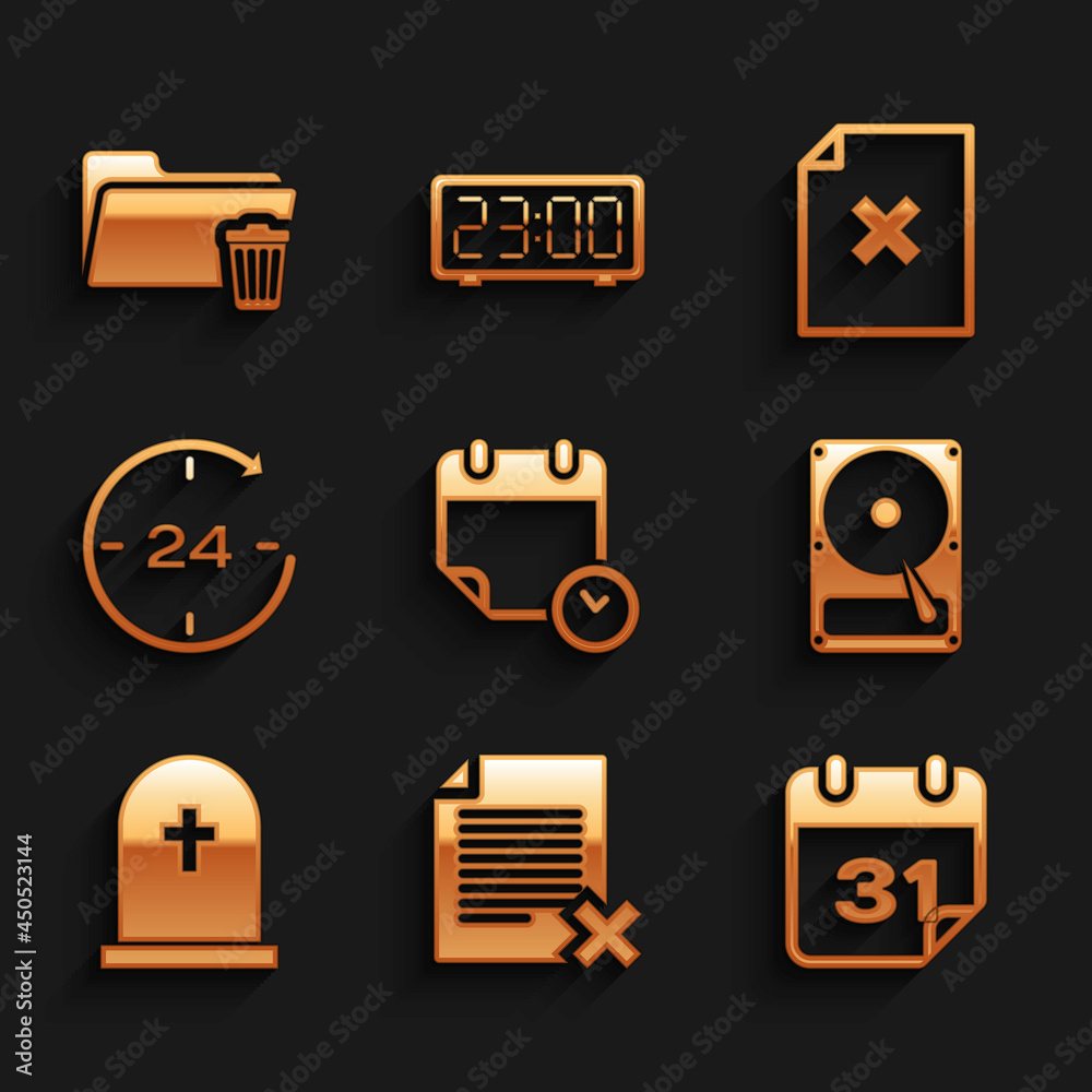 Set Calendar and clock, Delete file document, , Hard disk drive HDD, Tombstone with cross and Clock 24 hours icon. Vector Set Calendar and clock, Delete file document, , Hard disk drive HDD, Tombstone with cross and Clock 24 hours icon. Vector