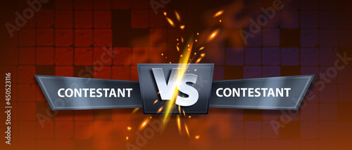 VS fight game background, vector versus battle banner, eSport competition duel illustration, red tiles. Boxing contestant iron logo, fire energy clash, team challenge frame. VS championship background