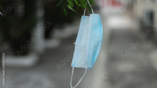 Protective mask hanging on the tree photo