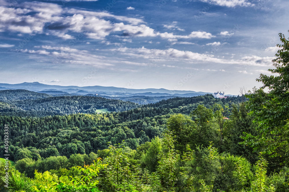 View from castle Fürstenstein, bavarian forest. Landscape of the bavarian forest - hills and trees