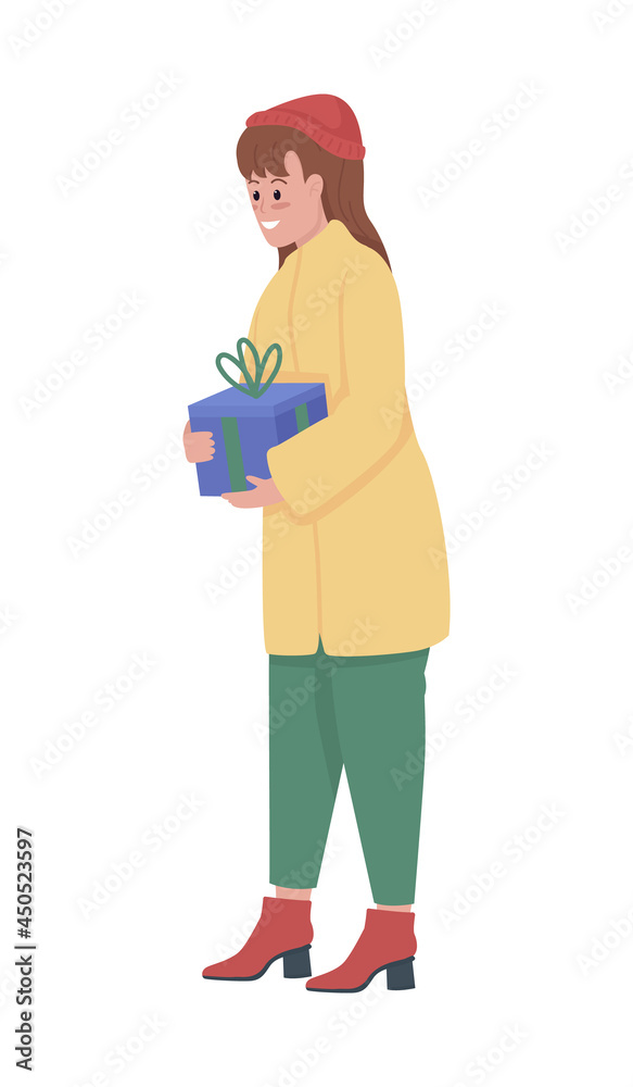 Cheerful woman holding gift box semi flat color vector character. Full body person on white. Girl wearing winter outfit isolated modern cartoon style illustration for graphic design and animation Cheerful woman holding gift box semi flat color vector character. Full body person on white. Girl wearing winter outfit isolated modern cartoon style illustration for graphic design and animation