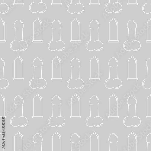 Vector seamless pattern with penis condom. Isolated elements. White and grey colors