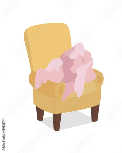 Leaving dirty clothes on armchair semi flat color vector object. Full sized item on white. Dirty laundry on chair isolated modern cartoon style illustration for graphic design and animation