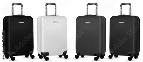 Suitcase isolated on white. Set of silver travel baggage bag or plastic luggage on white background. Summer vacation and product advertisement concept.