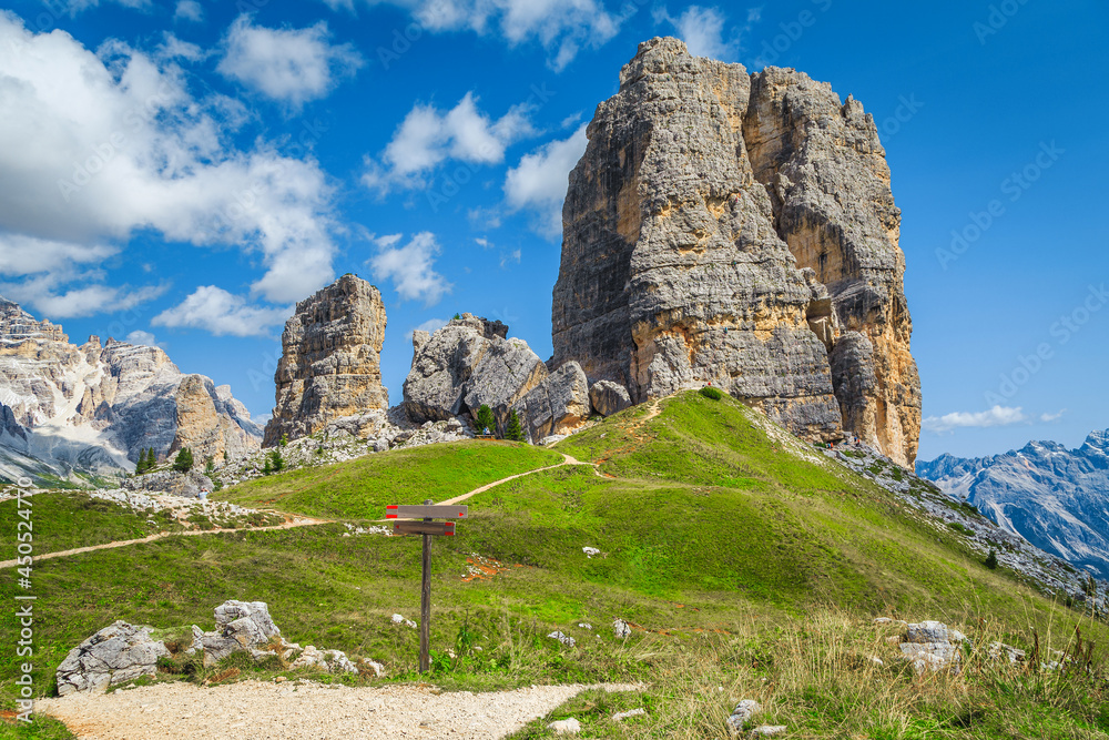 Stunning Cinque Torri rock formations and hiking trails, Dolomites, Italy