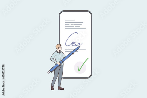 Electronic signature and technologies concept. Small man standing holding big pen in his hands making signature signing paper online on smartphone screen vector illustration 