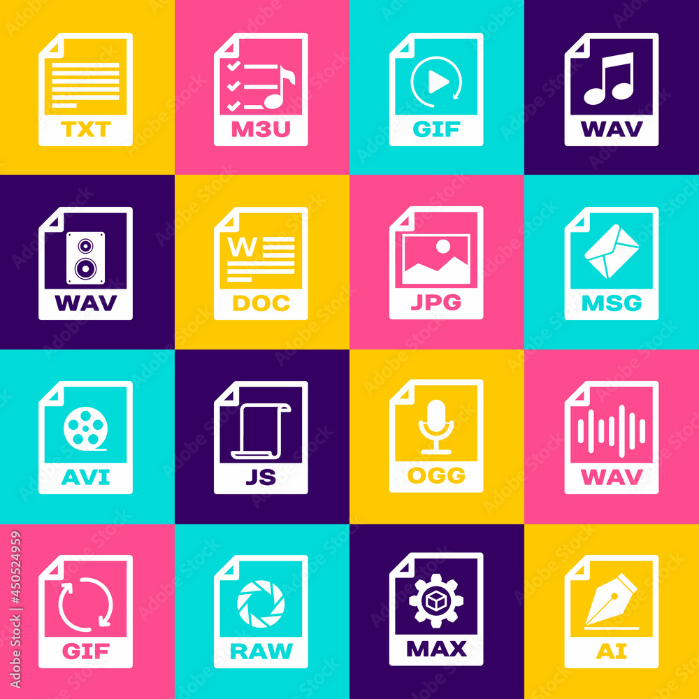 Set AI file document, WAV, MSG, GIF, DOC and icon. Vector Set AI file document, WAV, MSG, GIF, DOC and icon. Vector