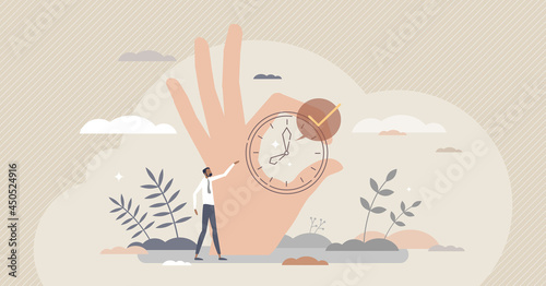 Right timing with accurate time planning management tiny person concept. Successful countdown and complete task symbol vector illustration. Accuracy scene as moment capture with clock and check mark.