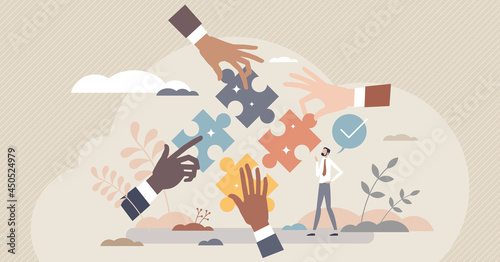 Team work solution and partnership puzzle work together tiny person concept. Businessman cooperation for common goal and target vector illustration. Match pieces to complete collaboration deal tasks.