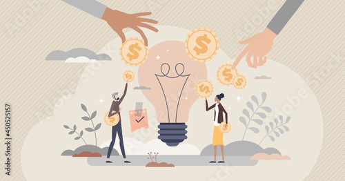 Fundraising as gathering voluntary financial contribution tiny person concept. Innovative startup business money support from community vector illustration. Help campaign to creative company project. photo