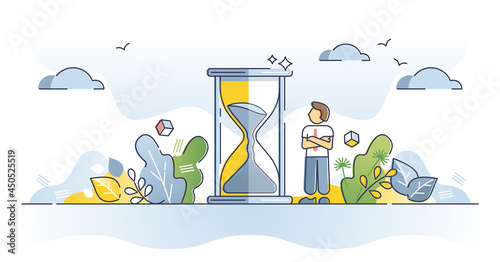 Patience as wait for slow, calm and inefficient time in idle outline concept. Bored businessman waiting for delay vector illustration. Self perseverance and mental peace with hourglass visualization.