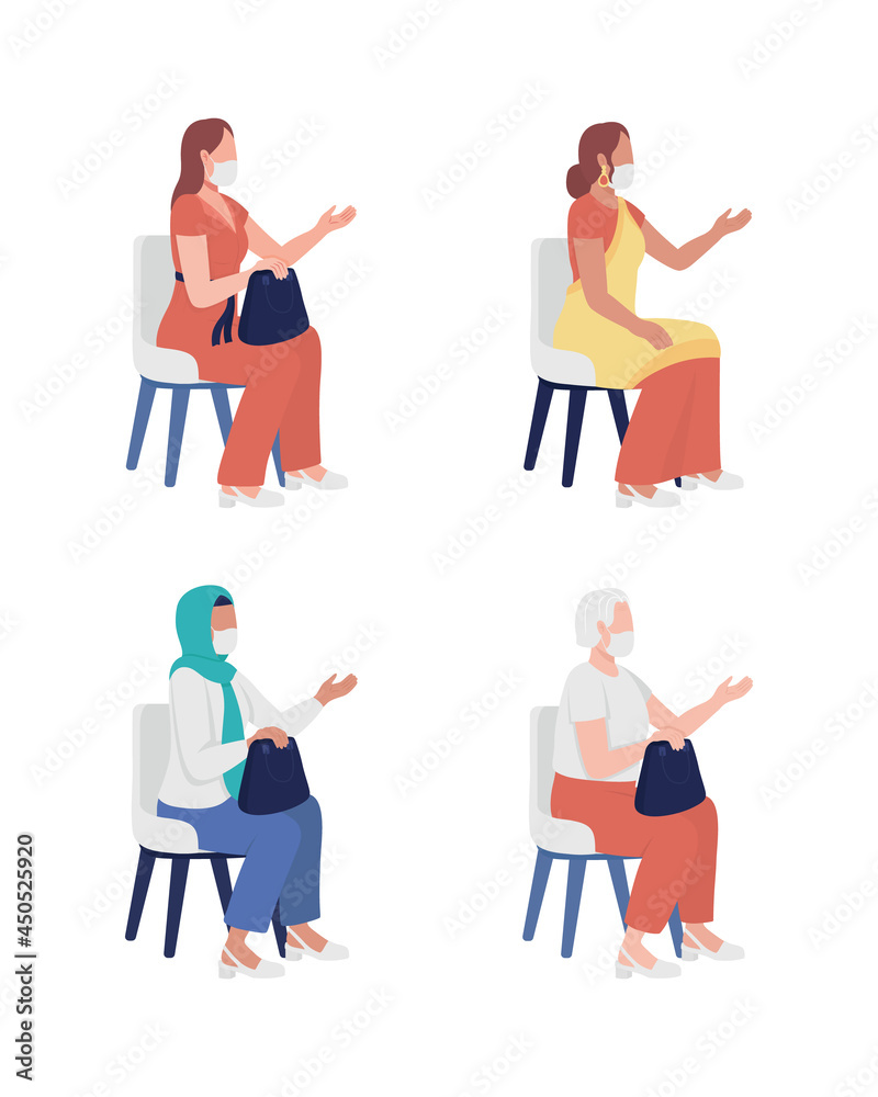 Sitting women with face masks semi flat color vector characters set. Full body people on white. Social interaction isolated modern cartoon style illustration for graphic design and animation