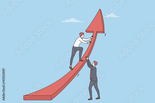 Teamwork, development, collaboration in business concept. Two young businessmen in suits putting huge red arrow up as symbol of success and progress together vector illustration 