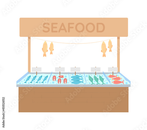 Seafood market stall semi flat color vector object. Full sized element on white. Marine products kiosk. Fish marketplace isolated modern cartoon style illustration for graphic design and animation