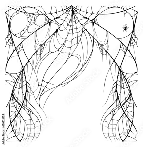 Abundant torn web and spider on white background. Template halloween greeting card frame