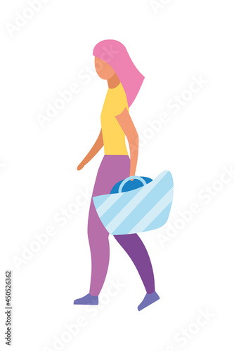 Girl with blue beach bag semi flat color vector character. Full body person on white. Choosing tote for summer isolated modern cartoon style illustration for graphic design and animation