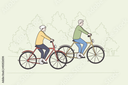 Happy active lifestyle of old people concept. Mature elderly couple man and woman riding bicycles together outdoors enjoying ride and active leisure vector illustration 