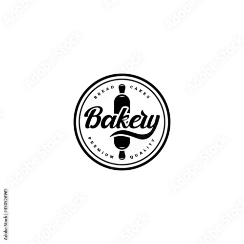 vintage retro emblem, badge, stamp, sticker bakery logo design vector with rolling pin