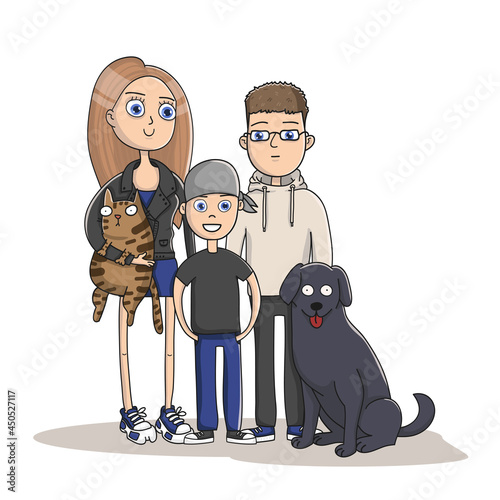 Happy family posing together. Father, mother and son with pets.