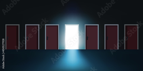 Concept du choix et du mystère avec sept portes alignées, dont six fermées et une ouverte sur un extérieur lumineux.
