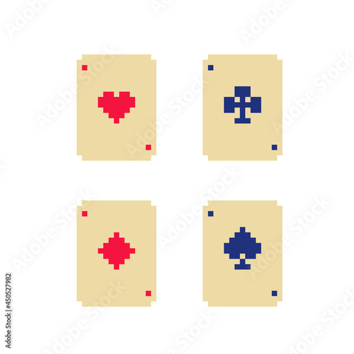 Board game poker playing cards pixel art icons set. Isolated vector illustration. Design logo, sticker, app. Game assets 8-bit sprite.