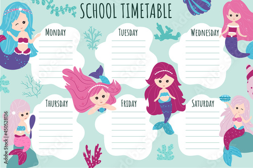 School Timetable. Weekly schedule vector template for school students.