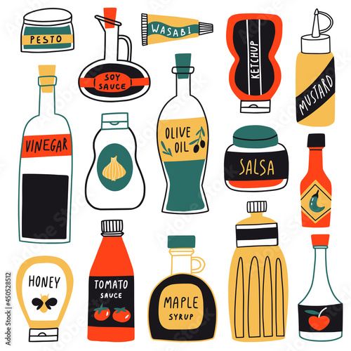 Grocery hand drawn set. Flat sauce icons. Olive oil, honey, wasabi, vinegar, ketchup, mustard, mayonnaise, tomato ketchup, hot chili, soy bottles. Salad dressing. Food vector collection. Sketch style