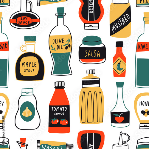 Grocery seamless patter. Flat sauce icons. Olive oil, honey, wasabi, vinegar, ketchup, mustard, mayonnaise, tomato ketchup, hot chili, soy bottles. Salad dressing. Food vector texture. Sketch style