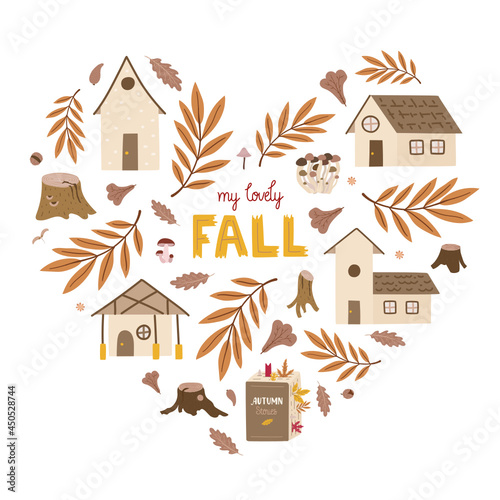 Pretty doodle heart made of chute houses, tree stumps and fallen rowan leaves. With lettering - my lovely fall. Vector isolated on white background.