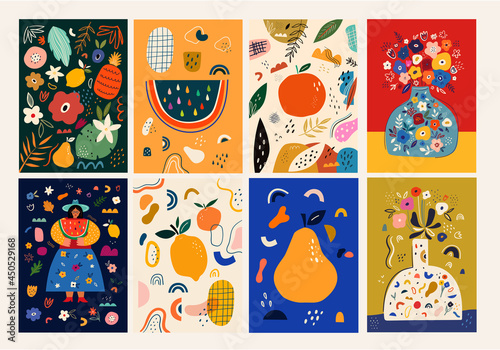 Fototapeta Naklejka Na Ścianę i Meble -  Fresh stylish posters with fruits, flowers, abstract elements and doodles