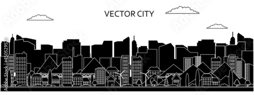 Vector poster with suburban houses and skyscrapers.Urban landscape with mountains in black and white. City view