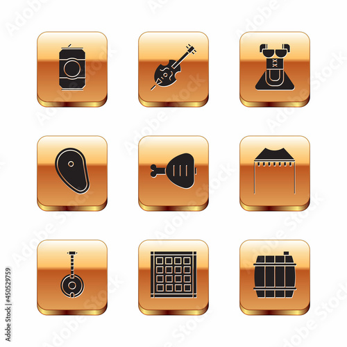 Set Beer can, Banjo, Checkered napkin, Chicken leg, Steak meat, Costume for women dirndl, Wooden barrel and Violin icon. Vector