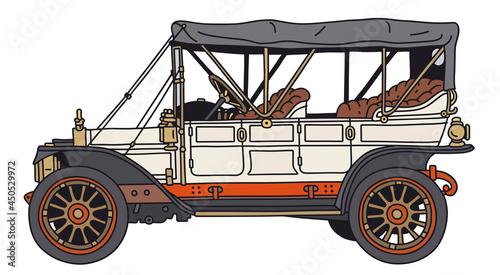The vectorized hand drawing of a vintage white car
