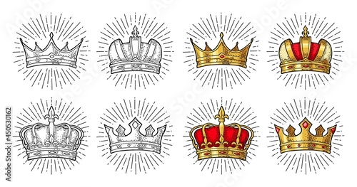 Four different king crowns. Engraving vintage vector black illustration.