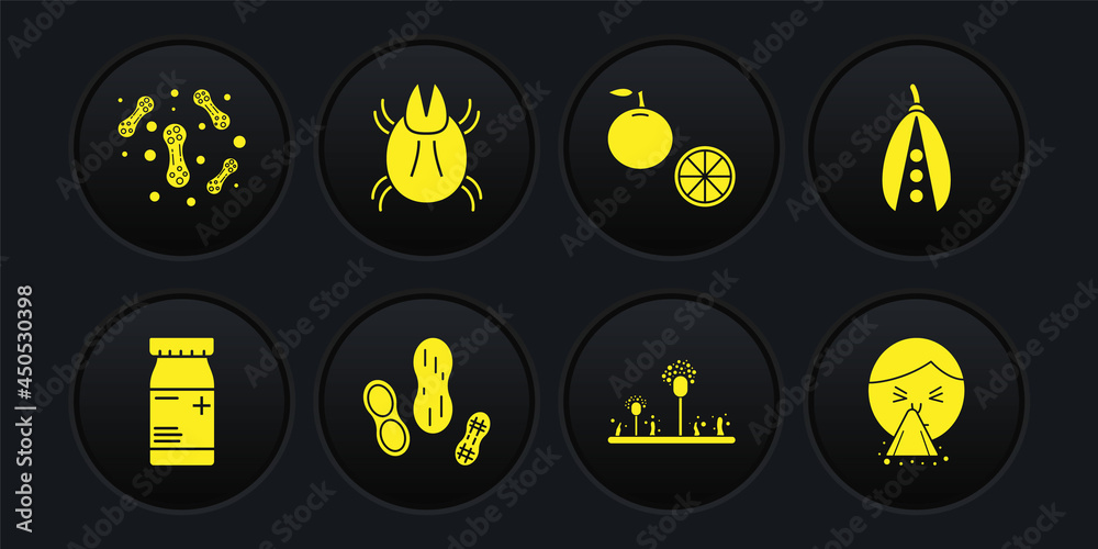 Set Medicine bottle and pills, Kidney beans, Peanut, Mold, Orange fruit, Parasite mite, Handkerchief to his runny nose and Bacteria icon. Vector Set Medicine bottle and pills, Kidney beans, Peanut, Mold, Orange fruit, Parasite mite, Handkerchief to his runny nose and Bacteria icon. Vector