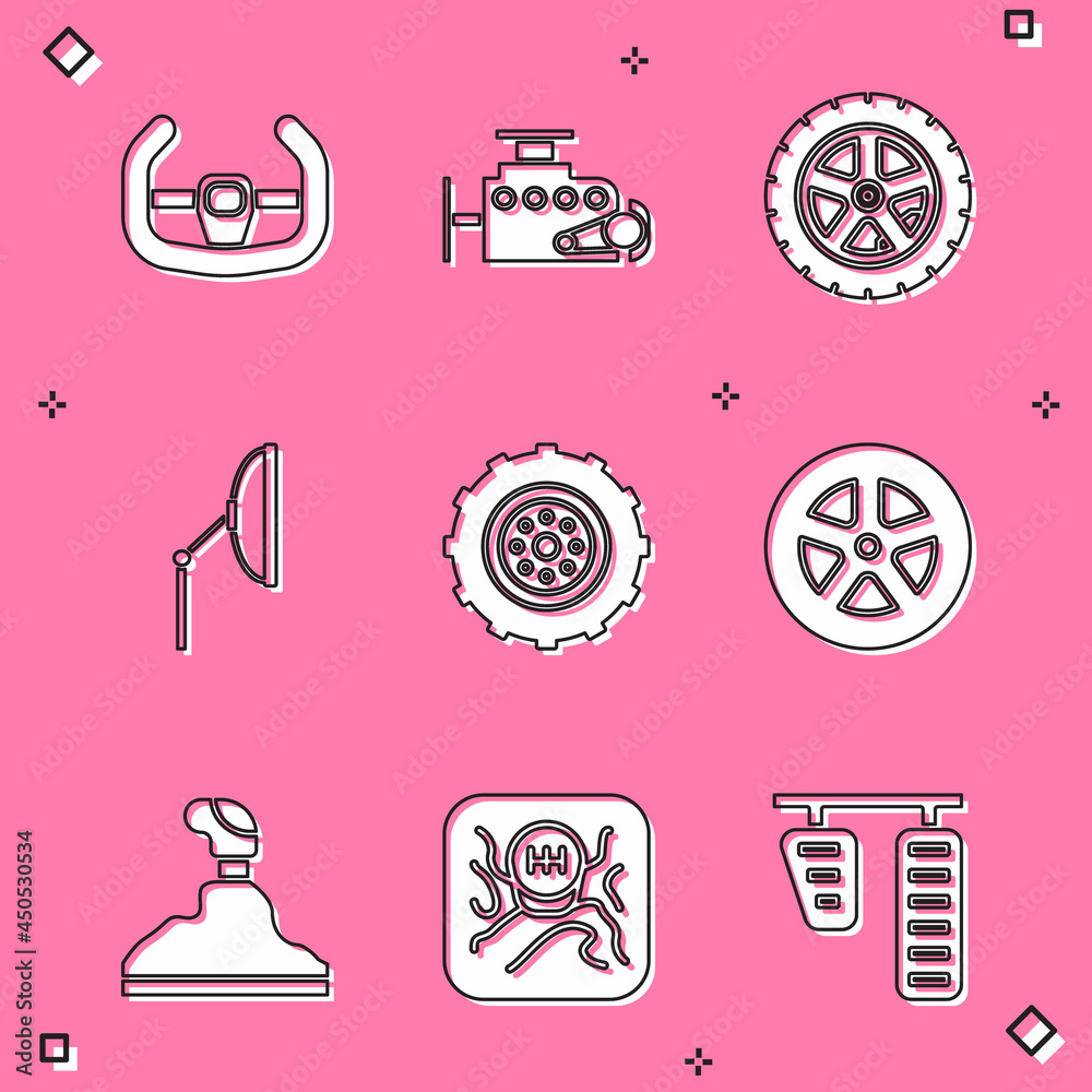 Set Sport steering wheel, Car engine, Windscreen wiper, Gear shifter and icon. Vector Set Sport steering wheel, Car engine, Windscreen wiper, Gear shifter and icon. Vector