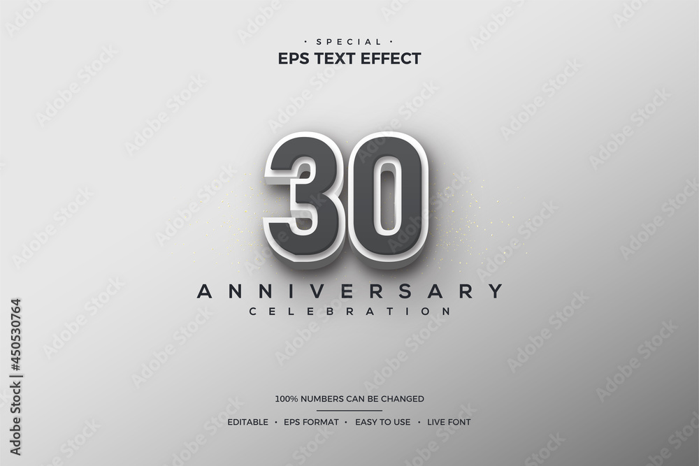 30th anniversary text effect with 3D numbers on gray background. 