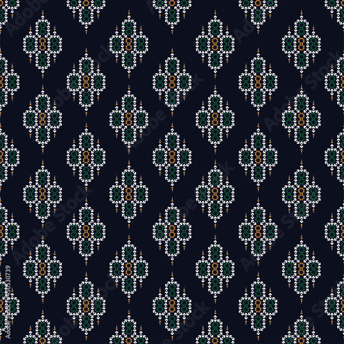  Geometric ethnic texture embroidery design on dark blue background or wallpaper and clothing,skirt,carpet,wallpaper,clothing,wrapping,Batik,fabric,sheet background Vector, illustration.eps