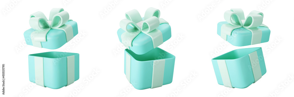 3d blue open gift box set with pastel ribbon bow isolated on a white background. 3d render flying modern holiday open surprise box. Realistic vector icon for present, birthday or wedding banners 3d blue open gift box set with pastel ribbon bow isolated on a white background. 3d render flying modern holiday open surprise box. Realistic vector icon for present, birthday or wedding banners