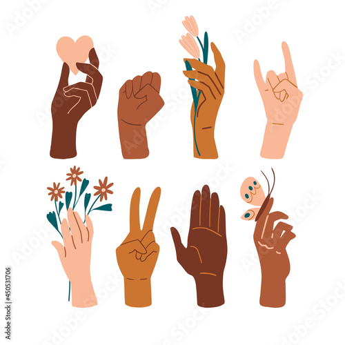 Palm collection. Different skin colors hands with flowers. Human palms, wrists, gestures. No racism, We are equal concept. Flat style social card, poster, banner.  Supporting illustration. Vector